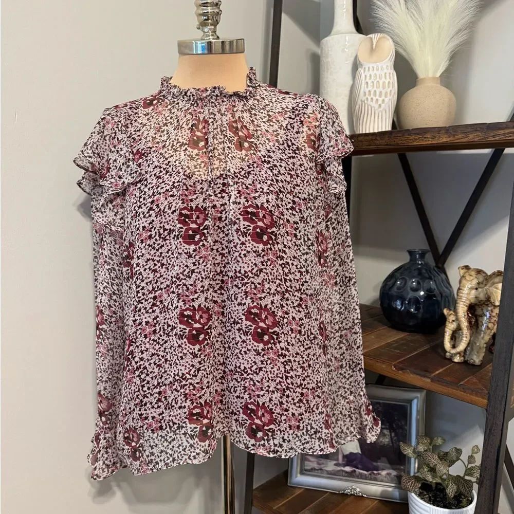 Shoshanna Ossia Ruffled Blouse Top Shirt Womens MED Maroon Pink Long Sleeve